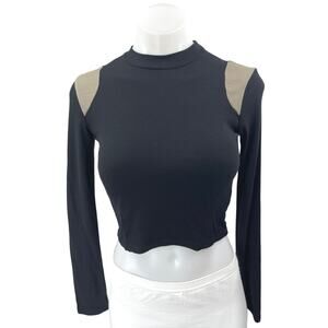 Commence Women's Black Rib Knit High Neck Long Sleeve Crop Shirt Sweater Top S